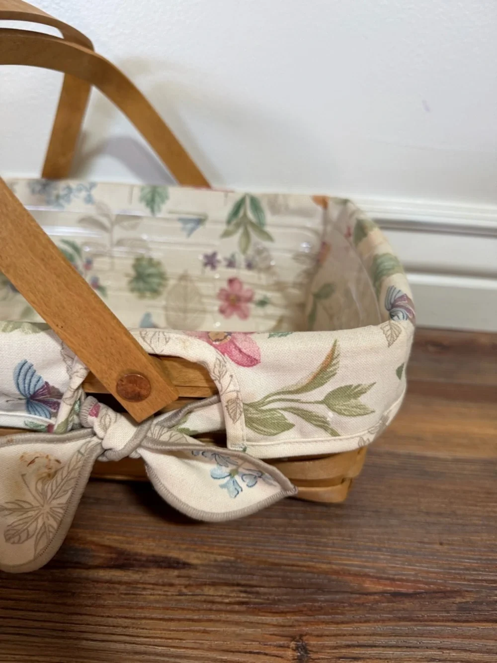 Longaberger Floral Lined Woven Basket with Wooden Handles and protector